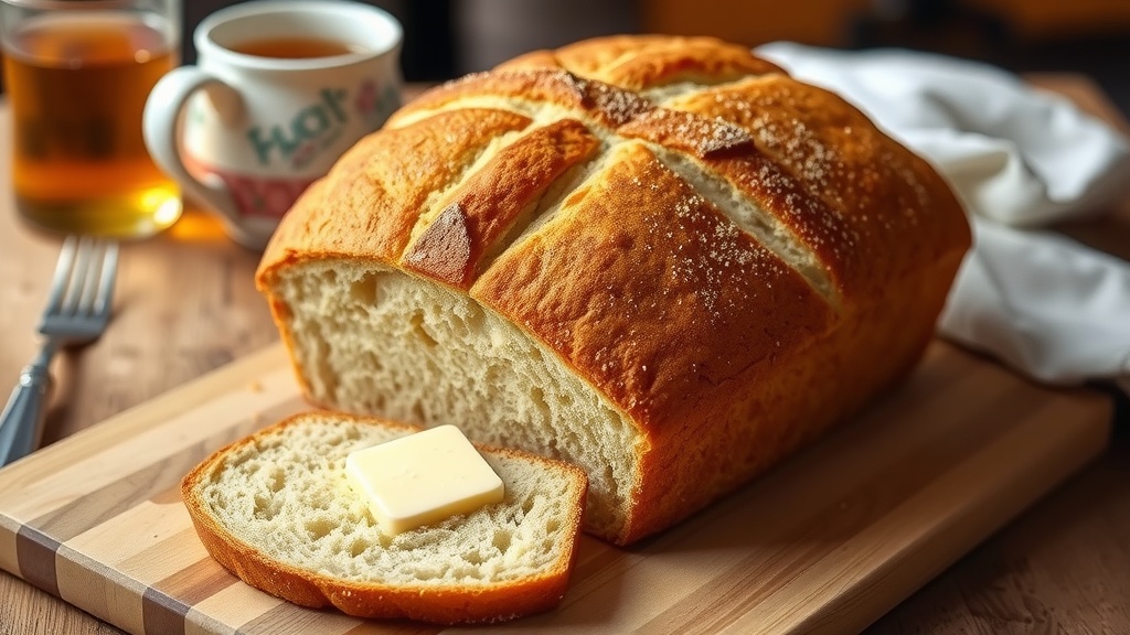 Authentic Irish Soda Bread Recipe A rustic loaf of Irish soda bread with a golden crust, sliced with melting butter, on a wooden board.